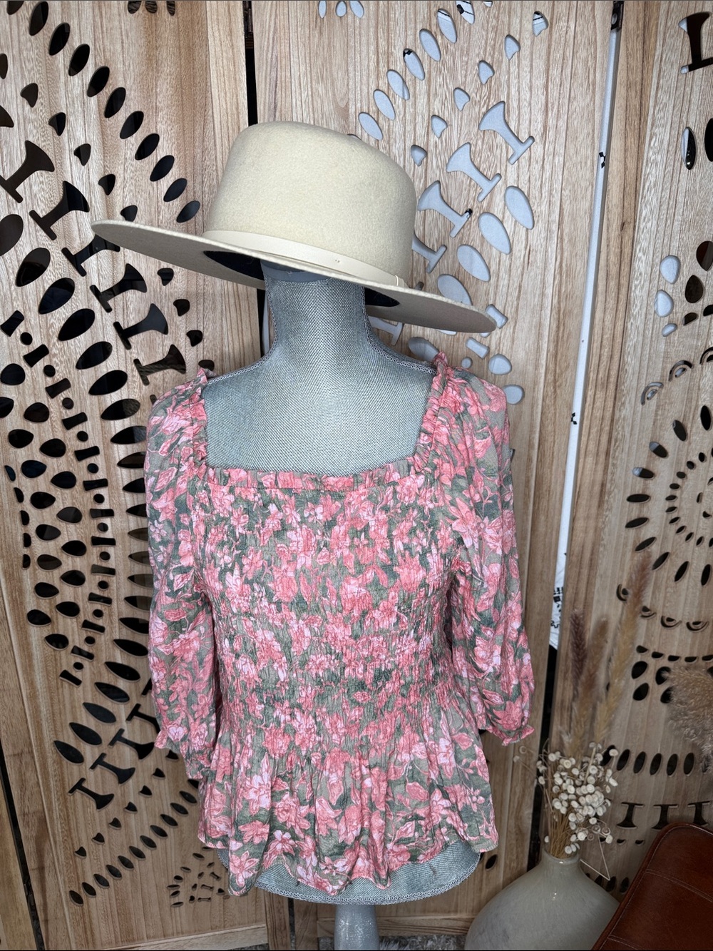 Nannette Pink and Green Floral Smocked Square-Neck Blouse